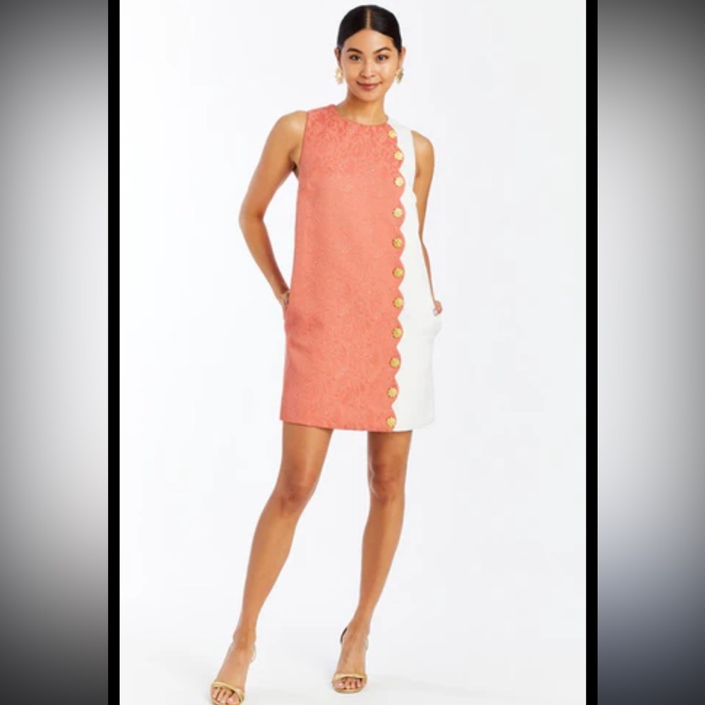 Coral and White Scalloped-Trim Mini Dress